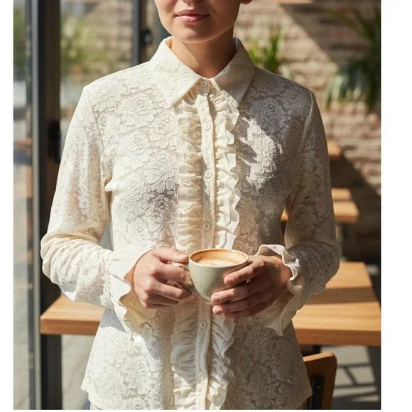 Kate Landry Vintage Lace Ruffle Button Up Shirt Blouse Cream Long Sleeve Women's - Picture 1 of 4